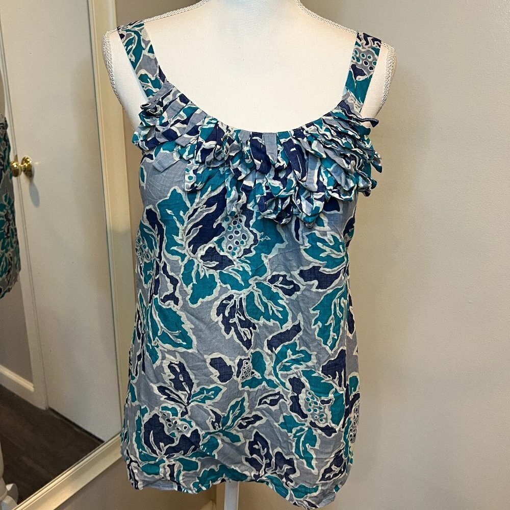 Ann Taylor Loft Navy, aqua, and grey floral print thick strapped top, Size Small
